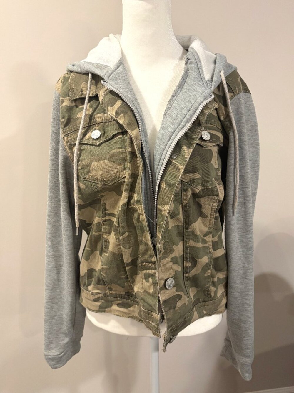 Camo Y2K Hooded Jacket‎ Mixed Media Skater Fleece Layered Contrast Sleeve Coat L